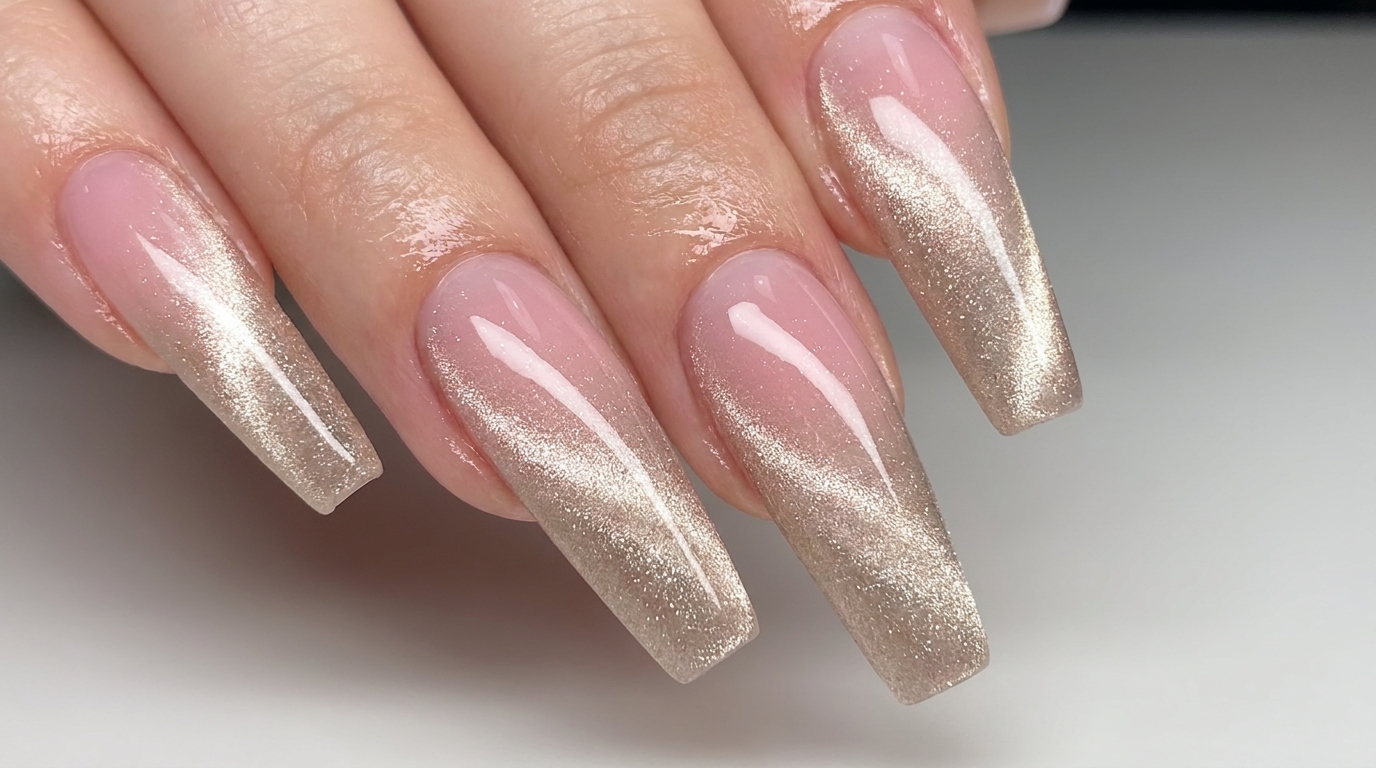 Delikatne różowe paznokcie Ombre z efektem Cat Eye — instrukcja krok po kroku
