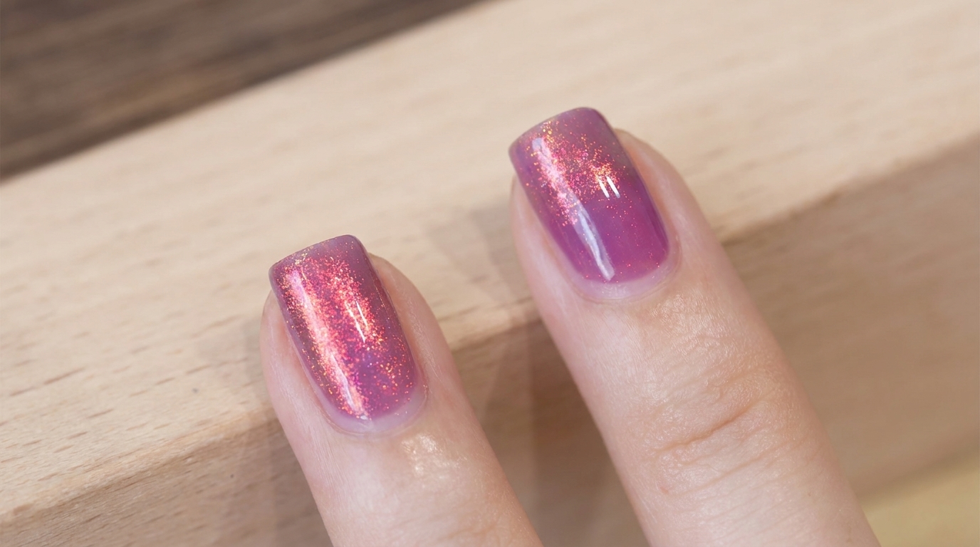 Fioletowe paznokcie z efektem zachodu słońca — tutorial shimmer