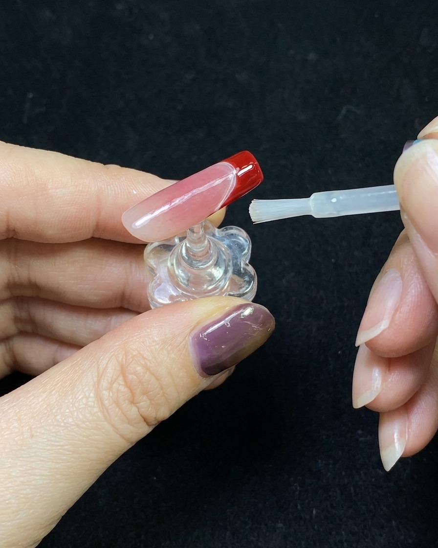 Przezroczysty top coat nakładany na gotowy wzór paznokcia z czerwoną końcówką french.