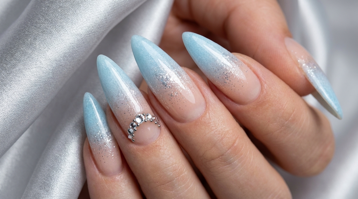 Mroźny Niebieski Ombré na Paznokciach Stiletto — Elegancki Tutorial z Brokatem i Cyrkoniami