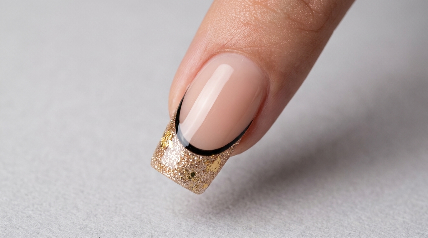 French Manicure z Gradientem: Złoty Brokat i Folia