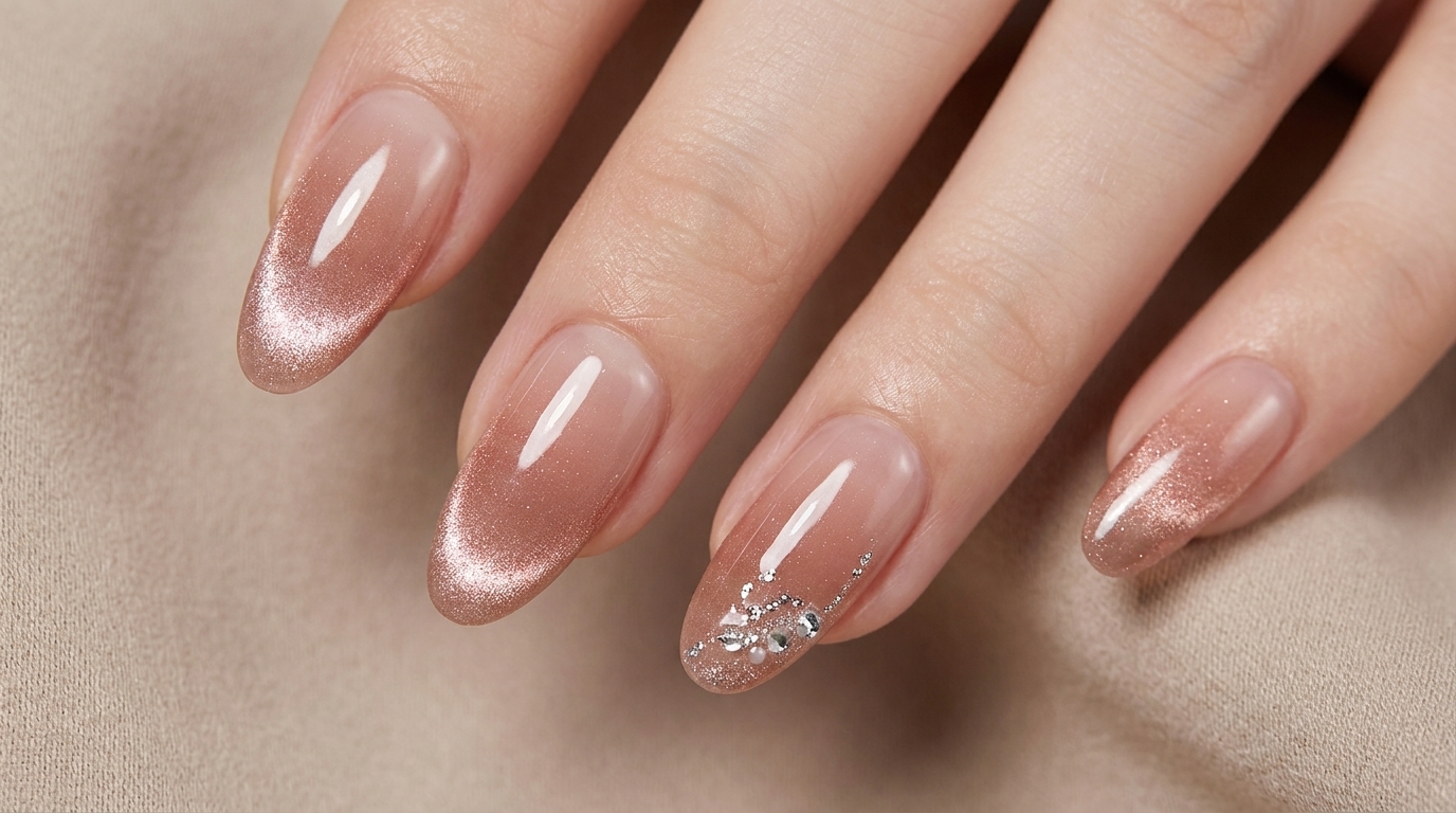 Zbliżenie dłoni prezentujących eleganckie paznokcie typu cat-eye z efektem gradientu w odcieniu różowego złota i błyszczącym wykończeniem.