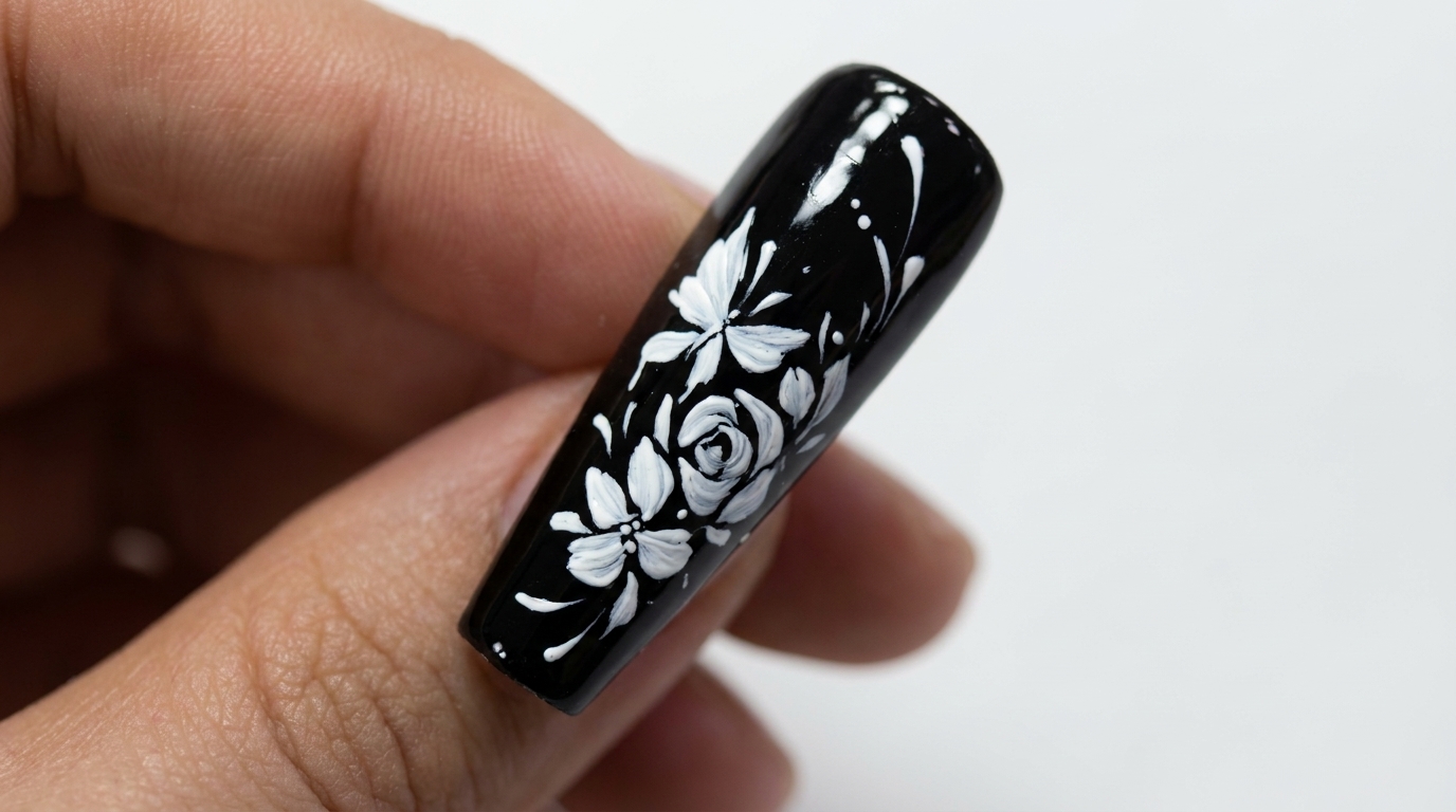 Elegancki czarno-biały manicure z motywem kwiatów i motyli — szczegółowy poradnik