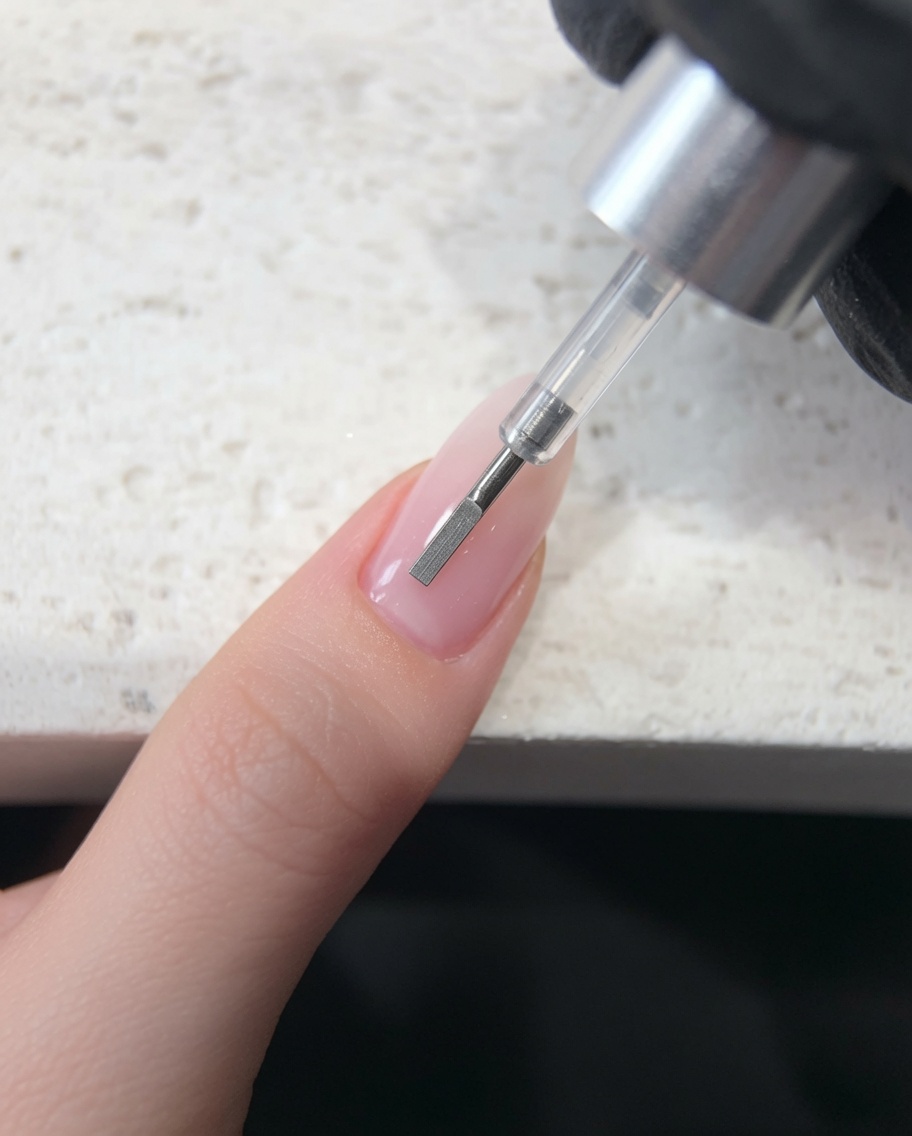 Pędzelek nakładający bezbarwny top coat bez przemywania na różową bazę jelly.