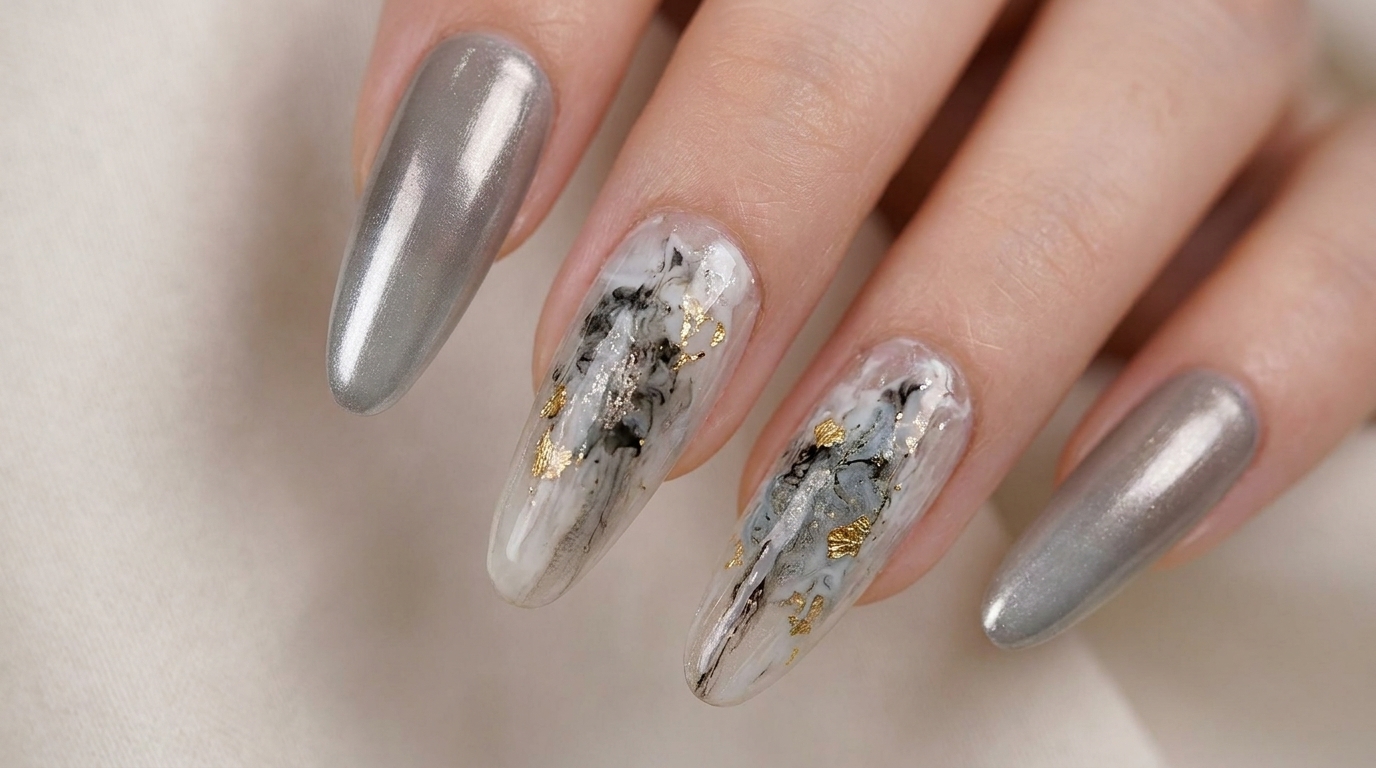 Wyrafinowany gradient chromowy i marmurkowy manicure