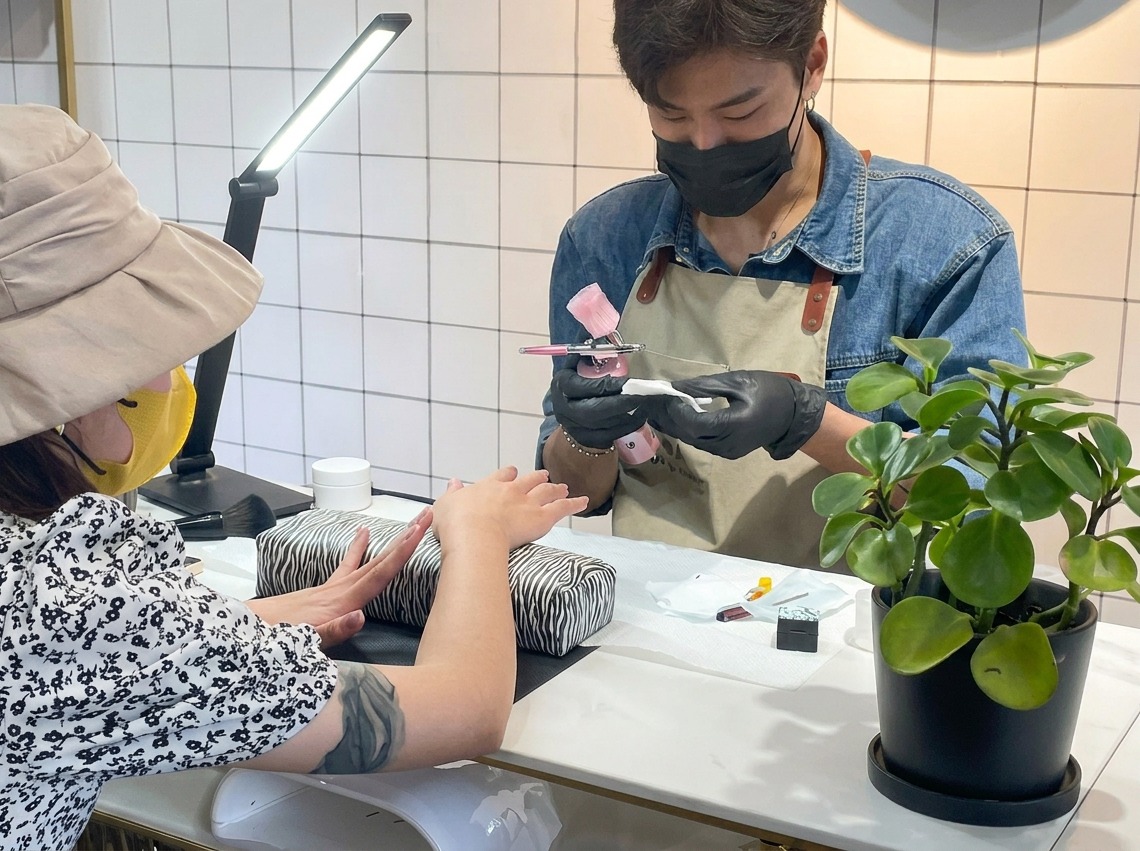 Stylistka kieruje aerograf w stronę paznokcia klientki przygotowując się do aplikacji koloru.