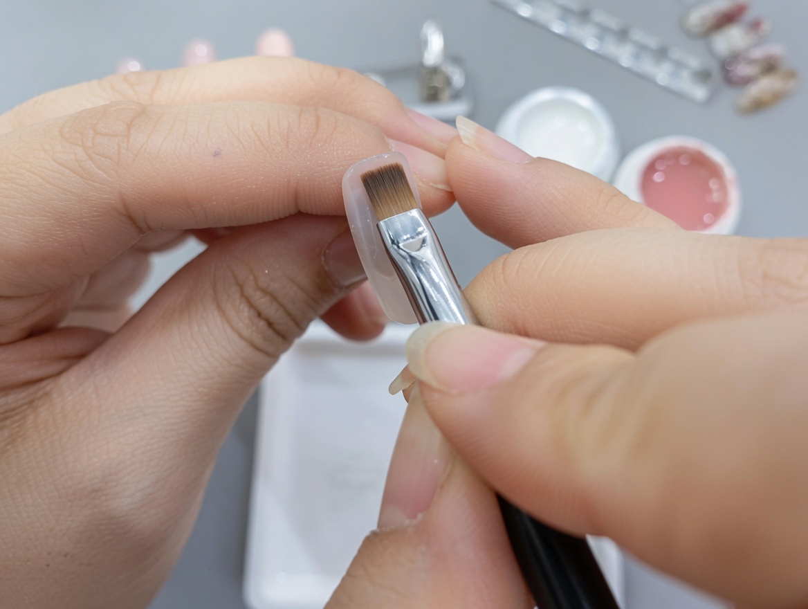 Pędzelek nakładający drugą warstwę żelu nude numer 90 na istniejący gradient.