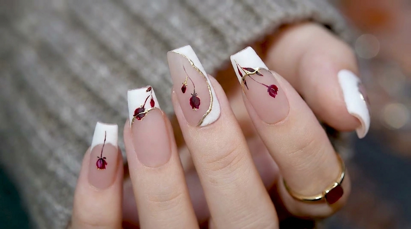 Aksamitne paznokcie z różami i złotym zdobieniem — elegancki tutorial krok po kroku