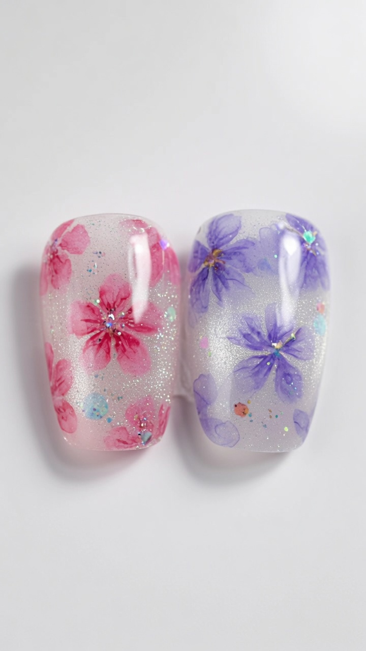 Paznokcie w stylu ice-translucent cat eye ozdobione ręcznie malowanymi kwiatami wiśni w odcieniach różu i fioletu.