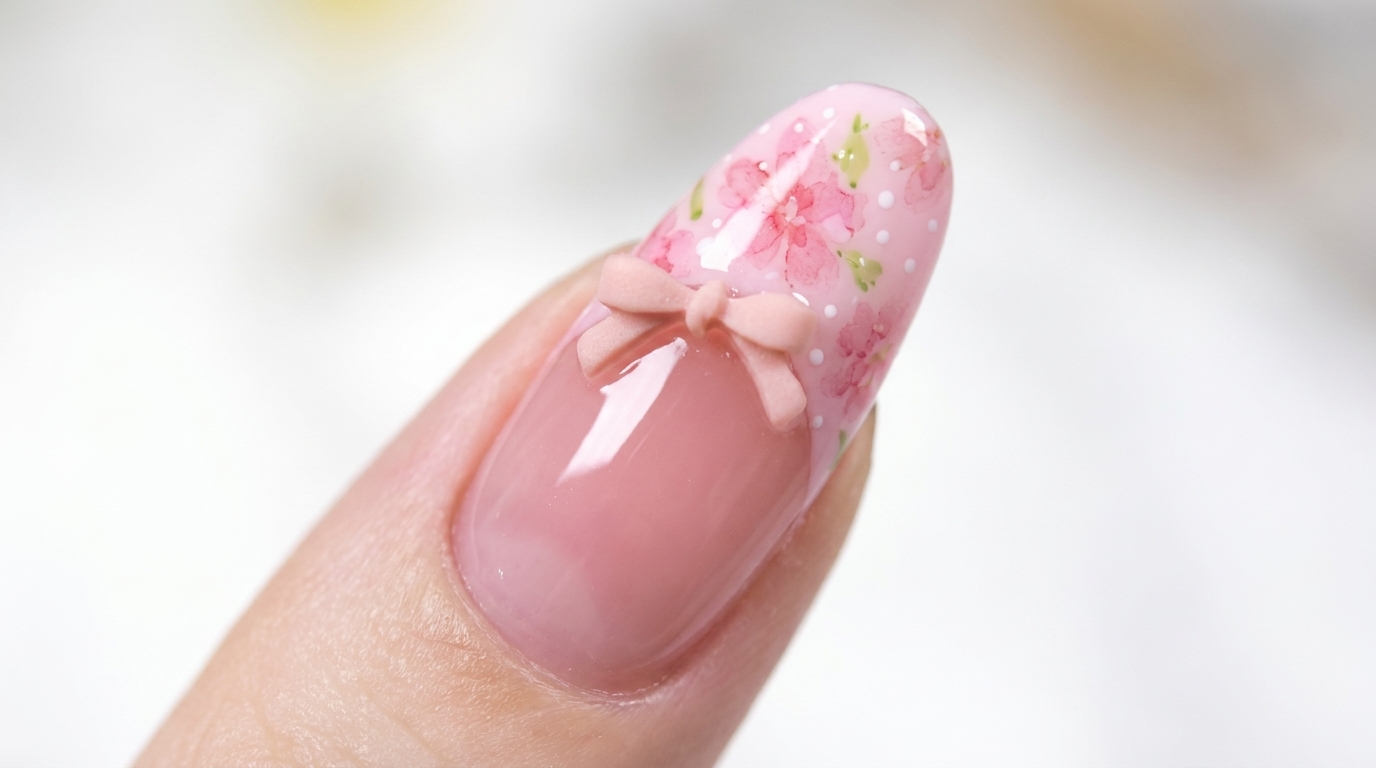 Wiosenny manicure: Kwiatowy French z efektem akwareli i kokardką 3D