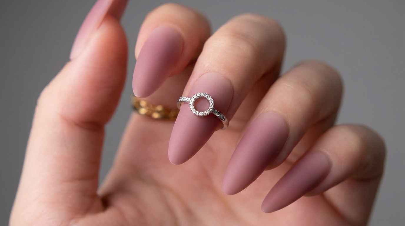 Matowe paznokcie w kolorze zgaszonego różu — minimalistyczny manicure z ozdobą