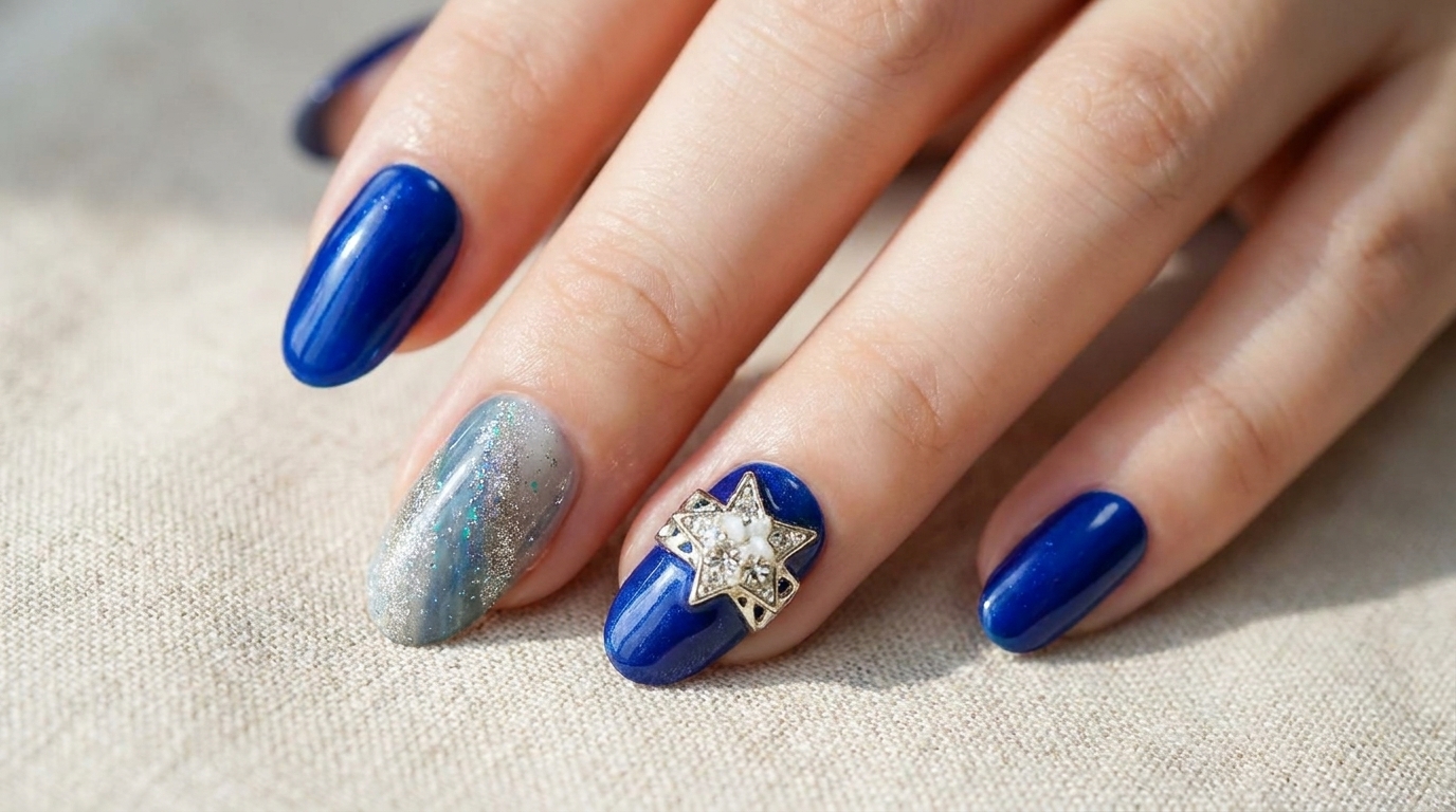 Gotowy manicure z elektrycznymi niebieskimi paznokciami typu press-on, ozdobiony srebrną gwiazdką i gradientem brokatowym.