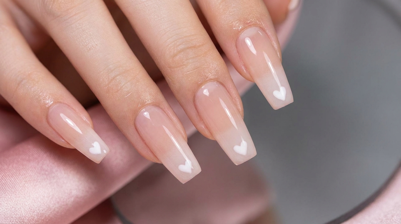 Paznokcie ombre w kolorze nude z serduszkami – tutorial żelowy krok po kroku