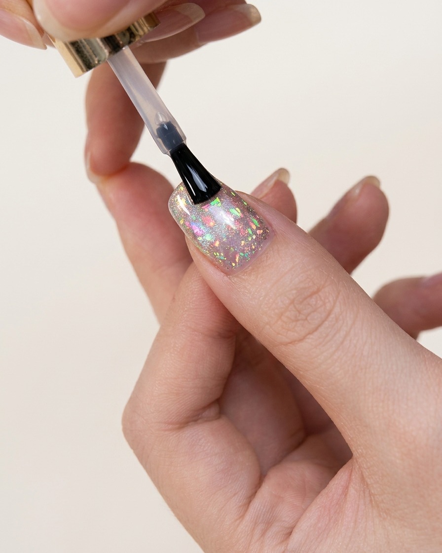 Gotowy manicure cat-eye z ozdobami podczas ostatniego utwardzania w lampie UV.