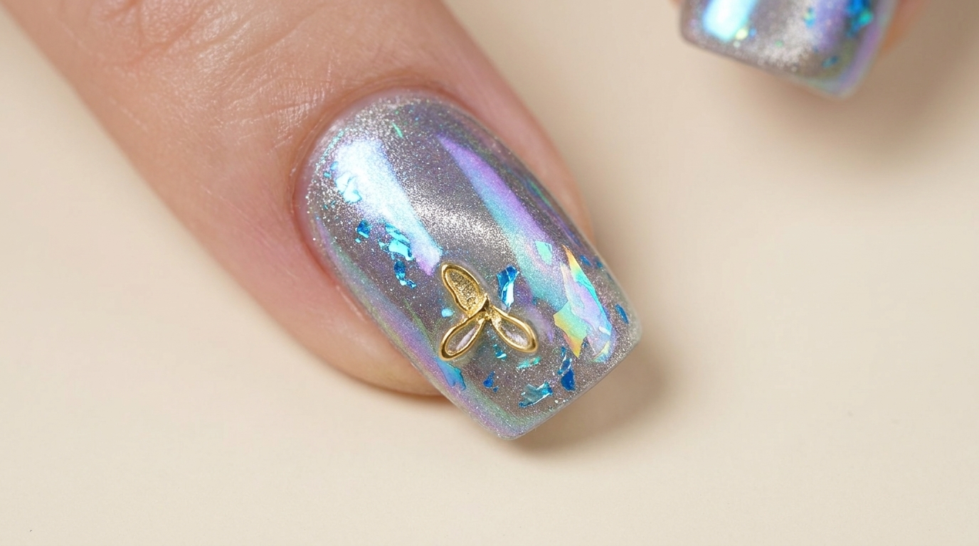 Gotowy manicure sunset cat-eye z niebieskimi opalizującymi płatkami, złotą ozdobą w kształcie motyla oraz eterycznym wykończeniem aurora chrome.