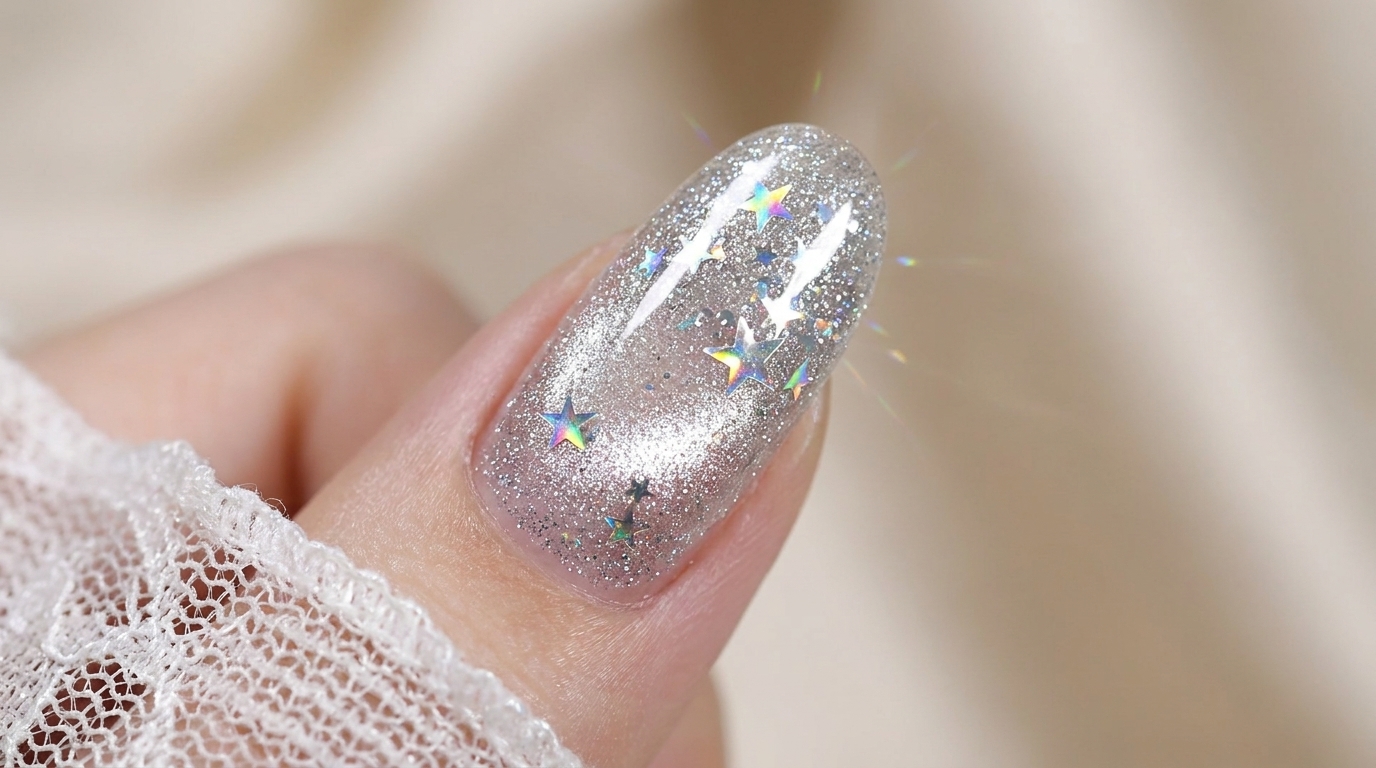 Srebrne paznokcie Cat-Eye z brokatowymi gwiazdkami — Tutorial krok po kroku