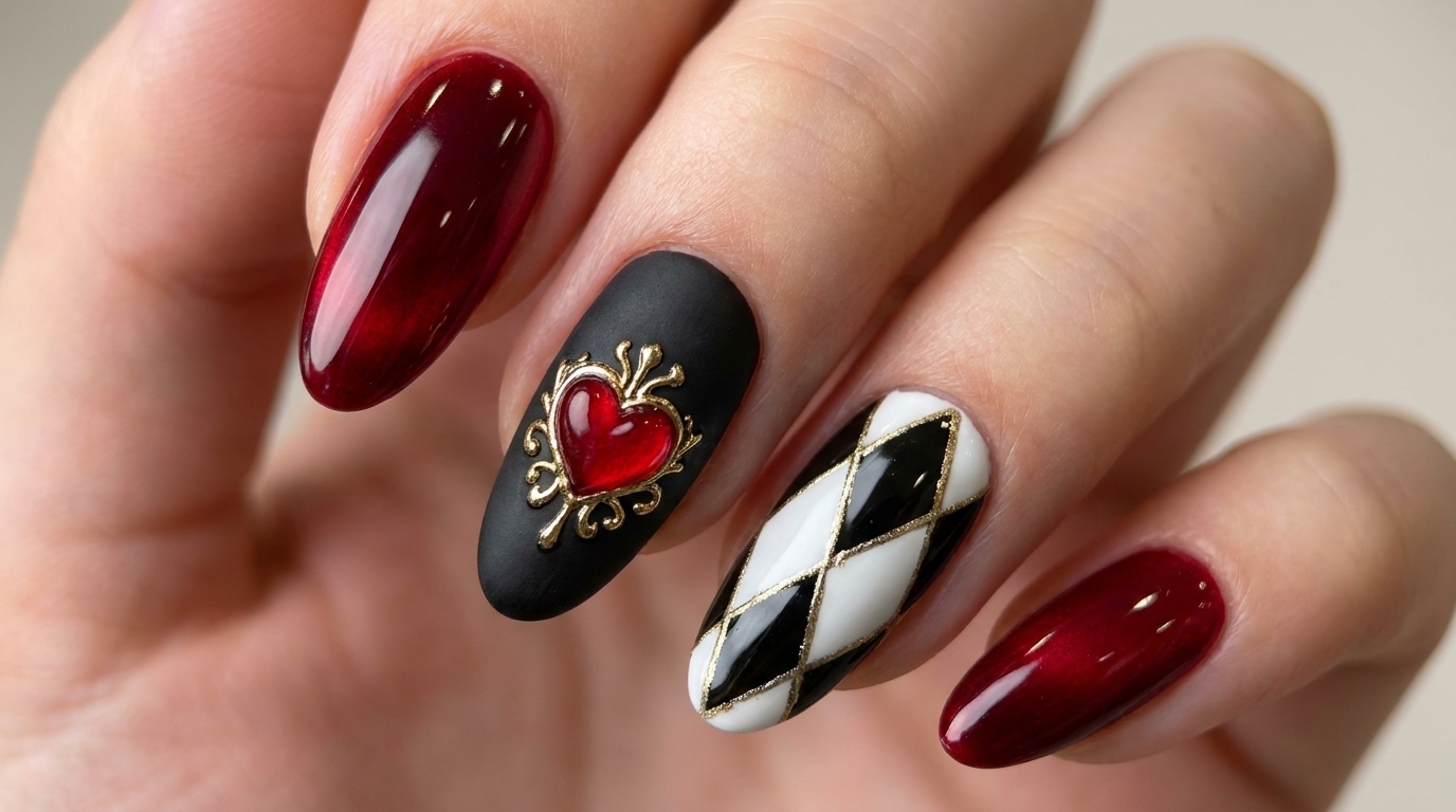 Wyrafinowany manicure z głęboko czerwoną, błyszczącą bazą, matowym czarnym akcentem ze złotym konturem czerwonego serca i precyzyjnym wzorem argyle.