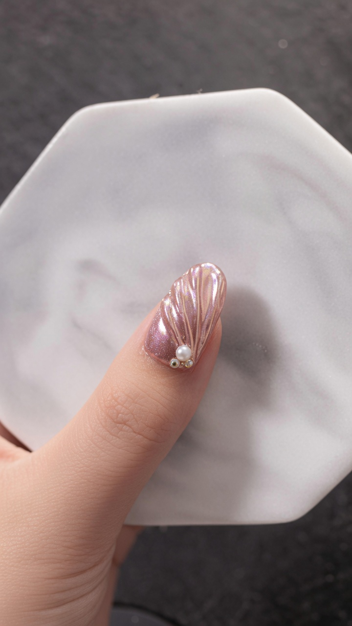 Paznokcie 3D z efektem muszli w odcieniu różowego złota — elegancki tutorial z teksturą