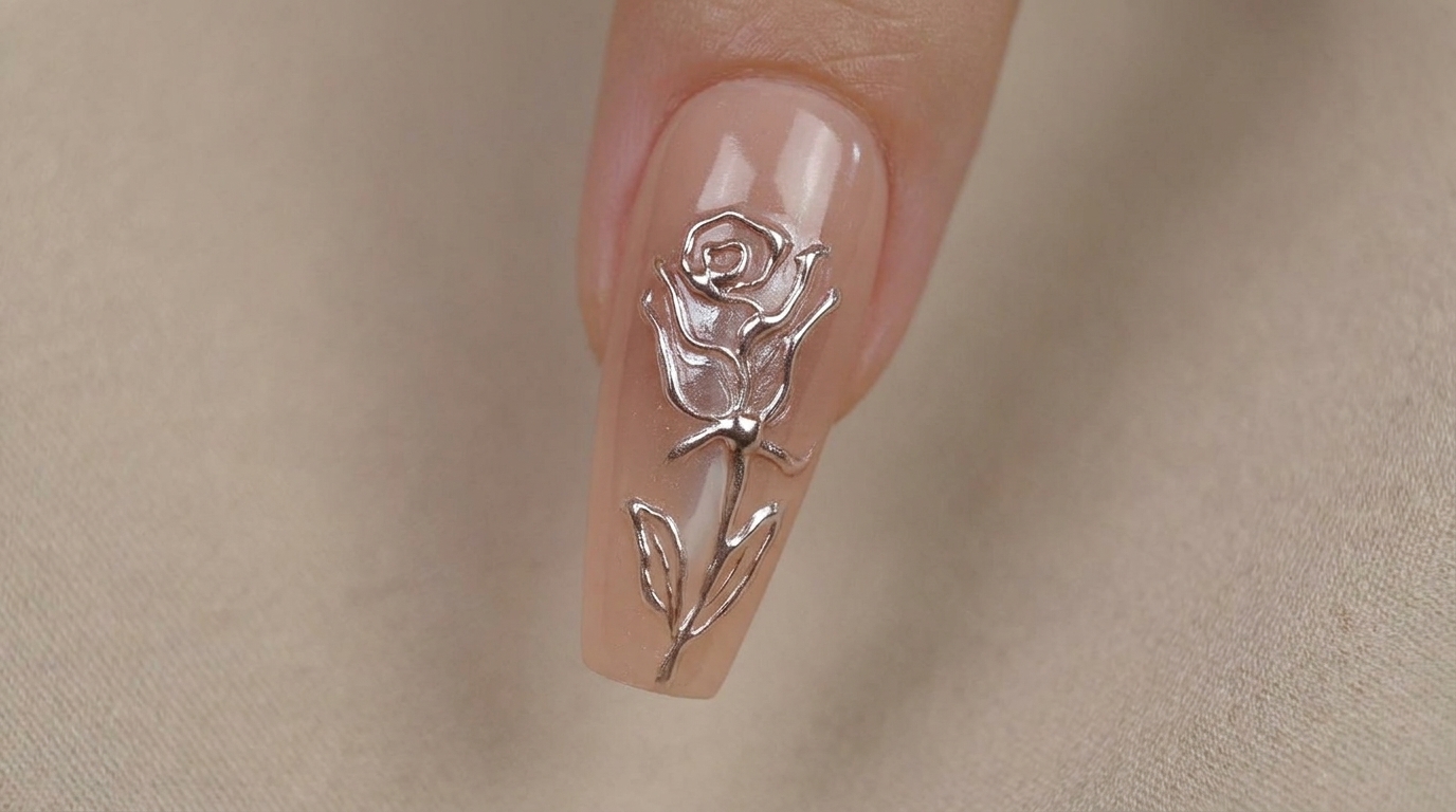 Trójwymiarowa chromowana róża — elegancki metaliczny manicure krok po kroku