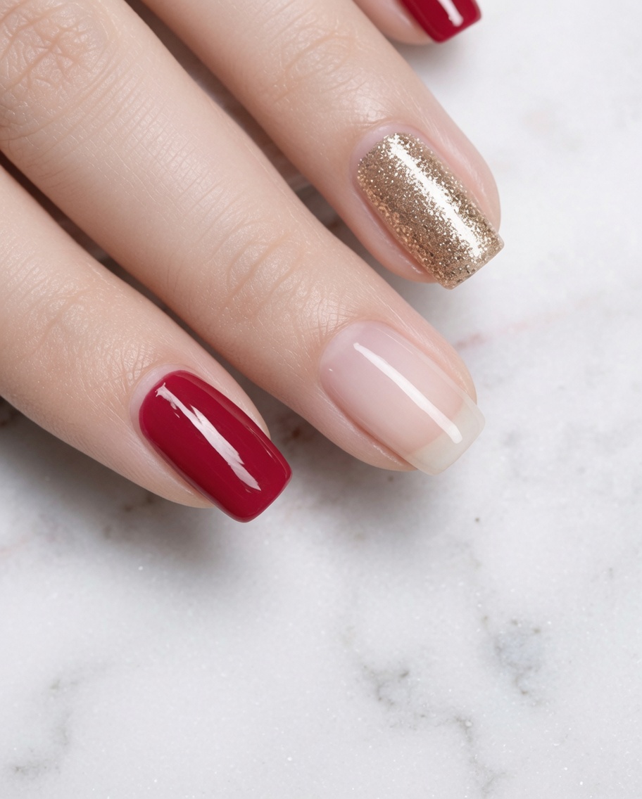Pędzelek nakładający elegancki lakier w odcieniu rose gold na paznokieć palca wskazującego.