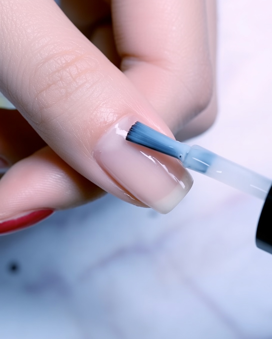 Pędzelek wykańczający drugą warstwę żelowego lakieru rose gold na palcu wskazującym.