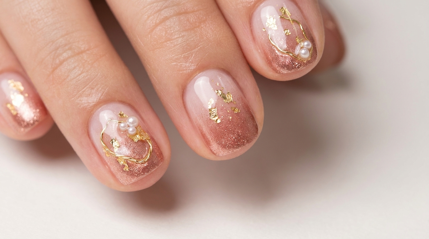 Zbliżenie na krótkie paznokcie z połyskującym gradientem rose gold, ozdobione delikatną folią, metalowym drucikiem i perełkami.