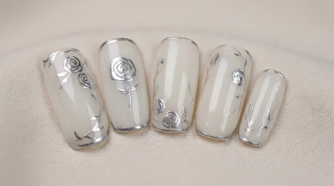 Elegancki manicure z metalicznymi różami — instrukcja krok po kroku