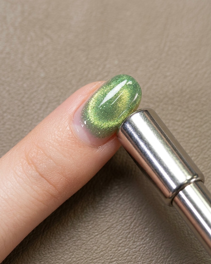 Szczegółowe ujęcie powierzchni paznokcia pokazujące pigment magnetyczny tworzący skupiony blask cat-eye.