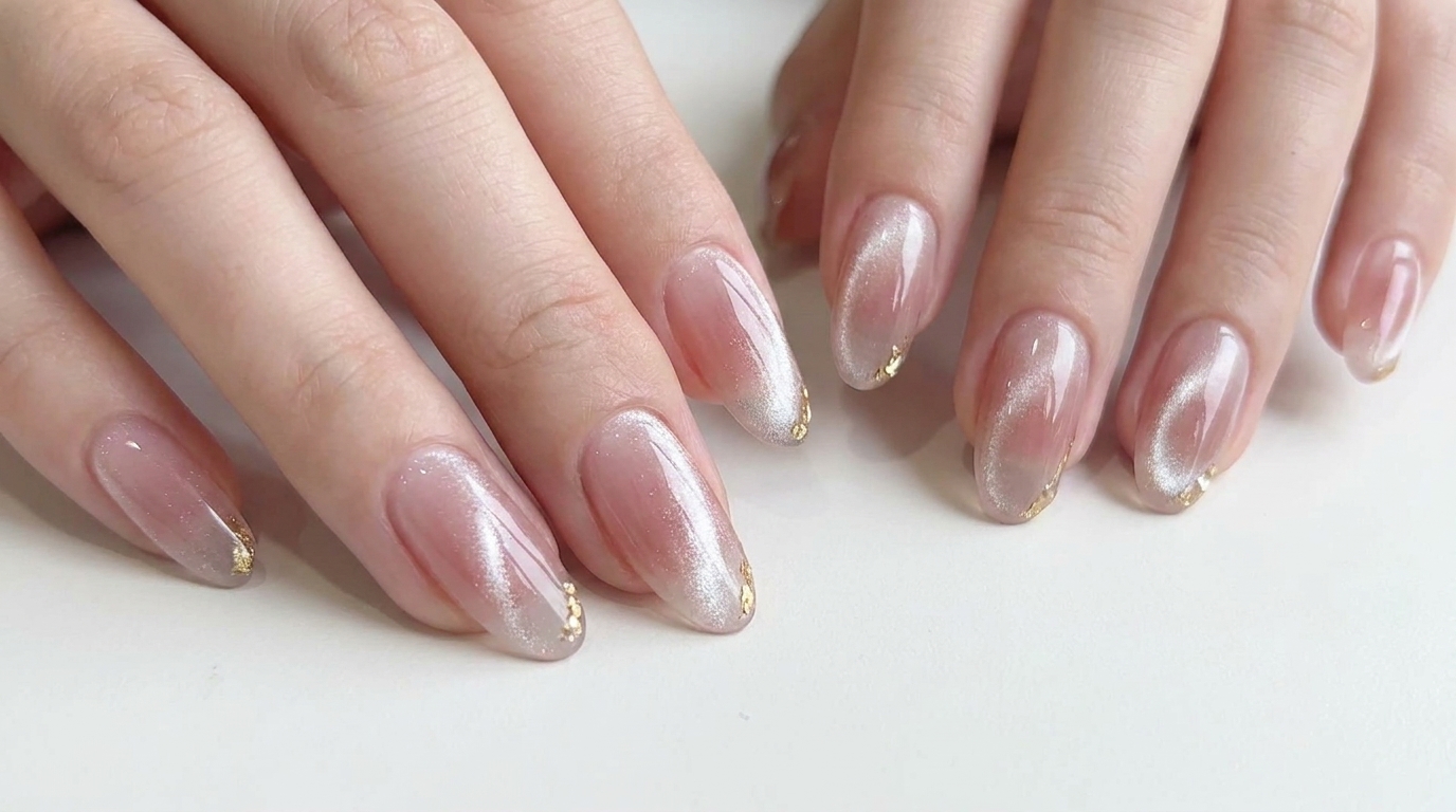 Blush Cat Eye Nails ze złotymi akcentami – samouczek krok po kroku