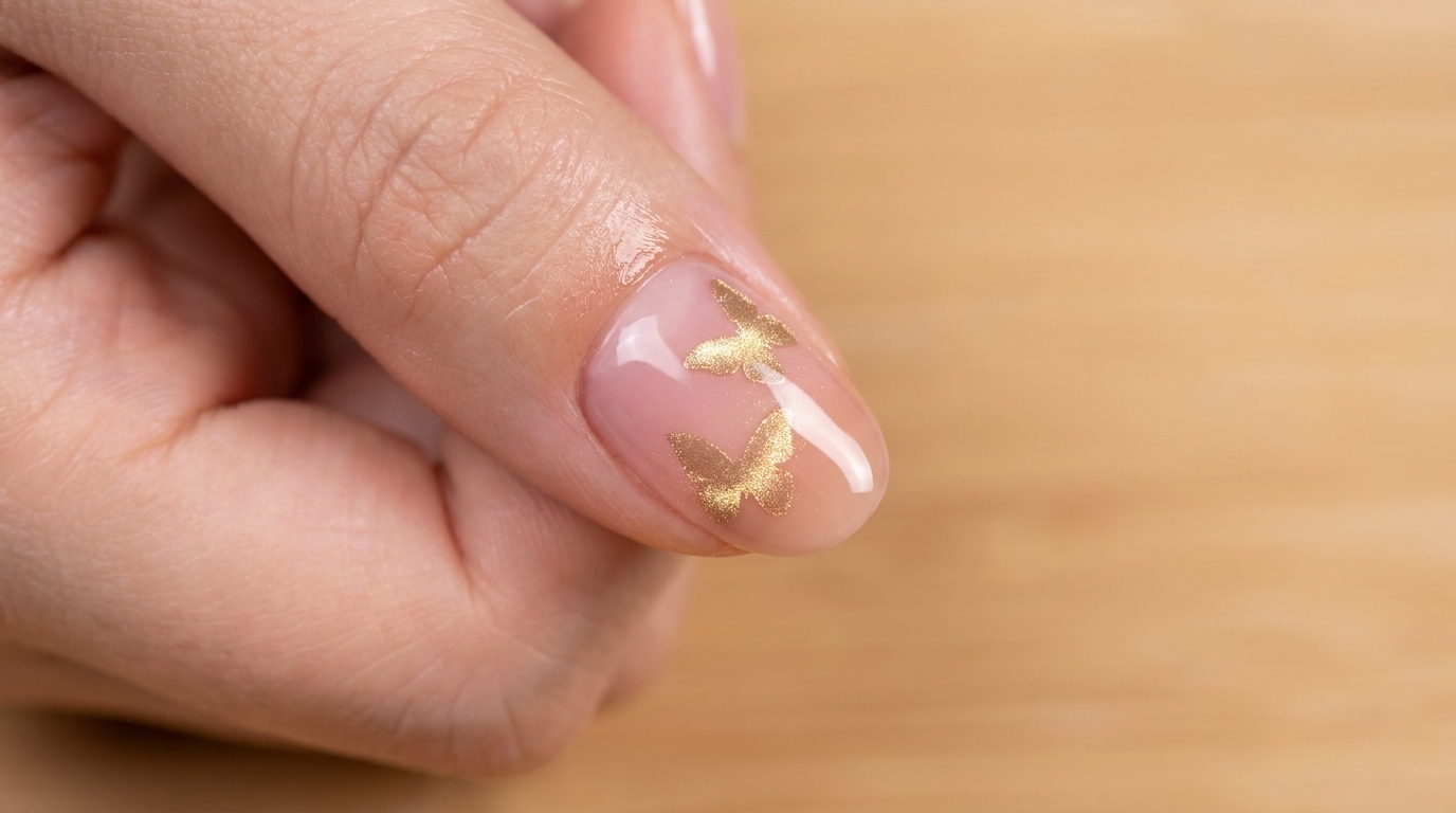 Paznokcie Nude Pink z Złotym Efektem Kociego Oka i Motywem Motyla — Tutorial Krok po Kroku