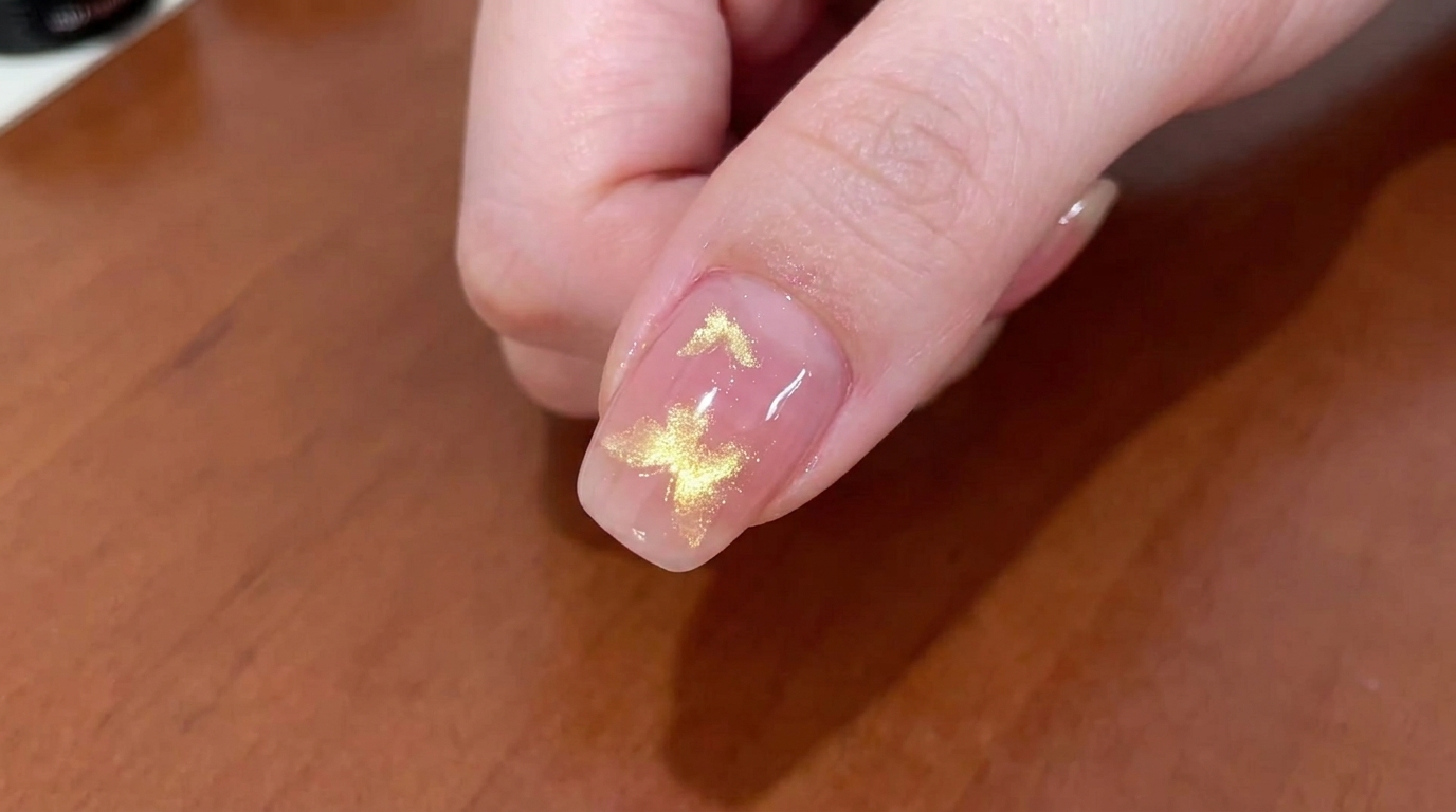 Pędzelek nakładający przezroczysty matowy top coat na paznokieć, pokazujący przejście od błyszczącego do miękkiego matowego wykończenia.