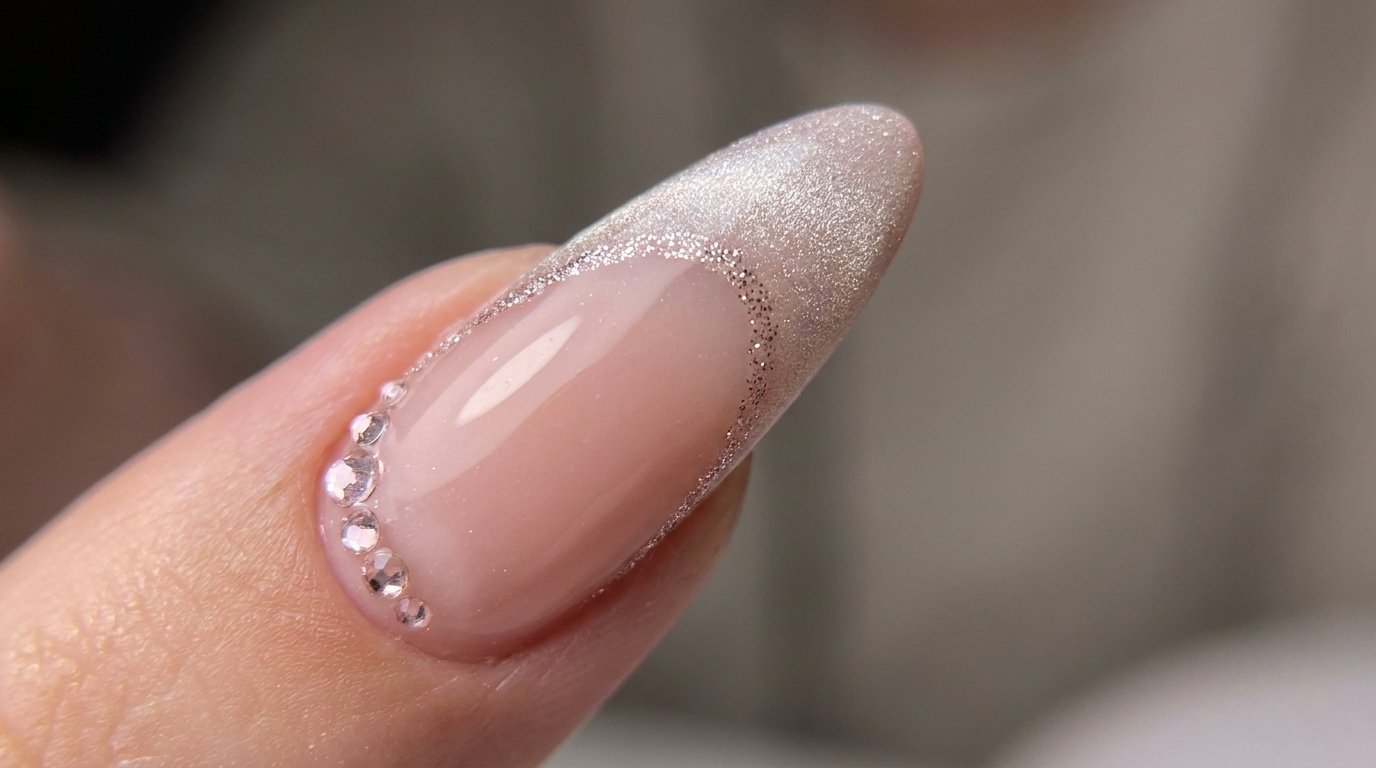 Wyrafinowany manicure francuski z efektem kociego oka i brokatem