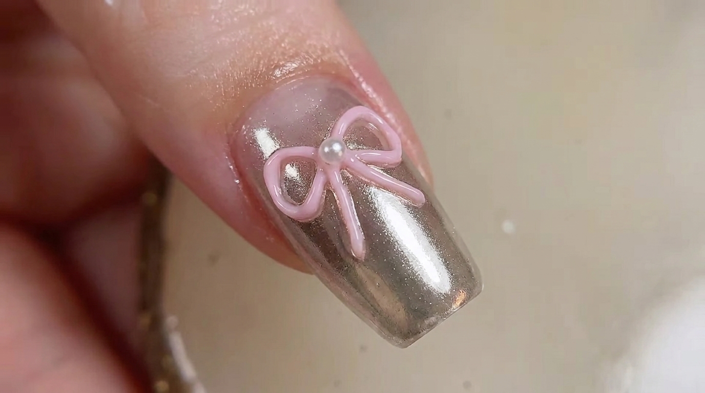 Chromowe paznokcie z kokardką 3D – modny tutorial metaliczny