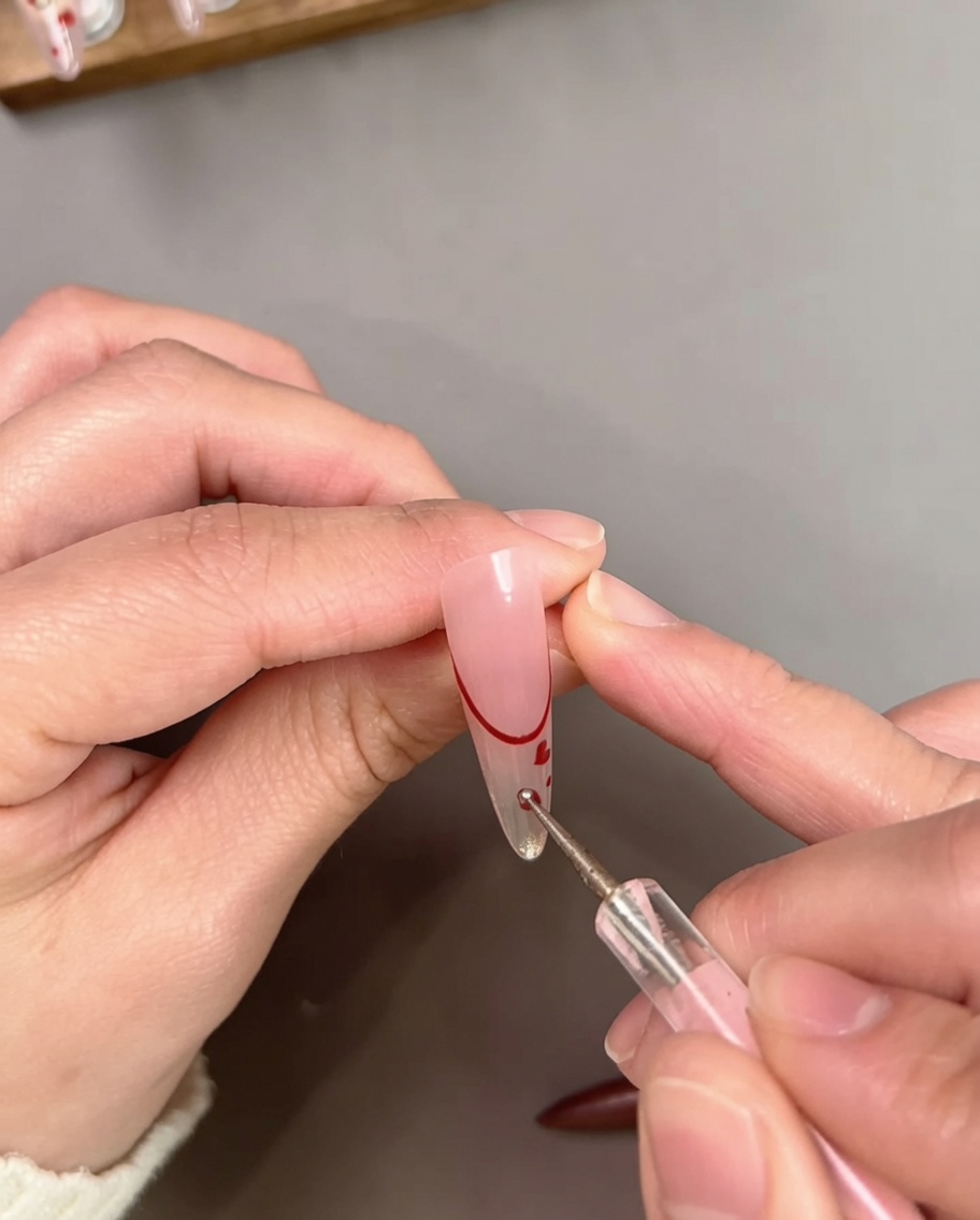 Sonda nakładająca małe czerwone kropki na paznokieć nude z czerwoną końcówką French i detalami w kształcie serc.