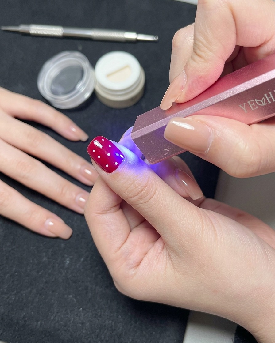 Paznokieć z wzorem w białe grochy spoczywający wewnątrz lampy UV/LED podczas procesu utwardzania.