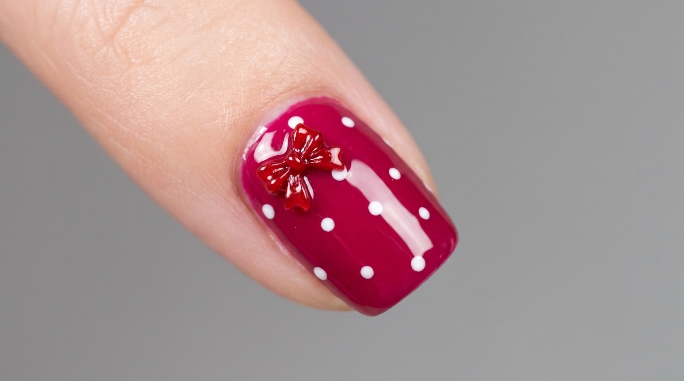 Uroczy manicure z czerwoną kokardką i grochami — samouczek krok po kroku