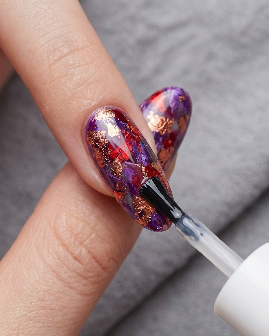 Pędzelek nakładający przezroczysty, błyszczący top coat na gotowe zdobienie wykonane blooming żelem.
