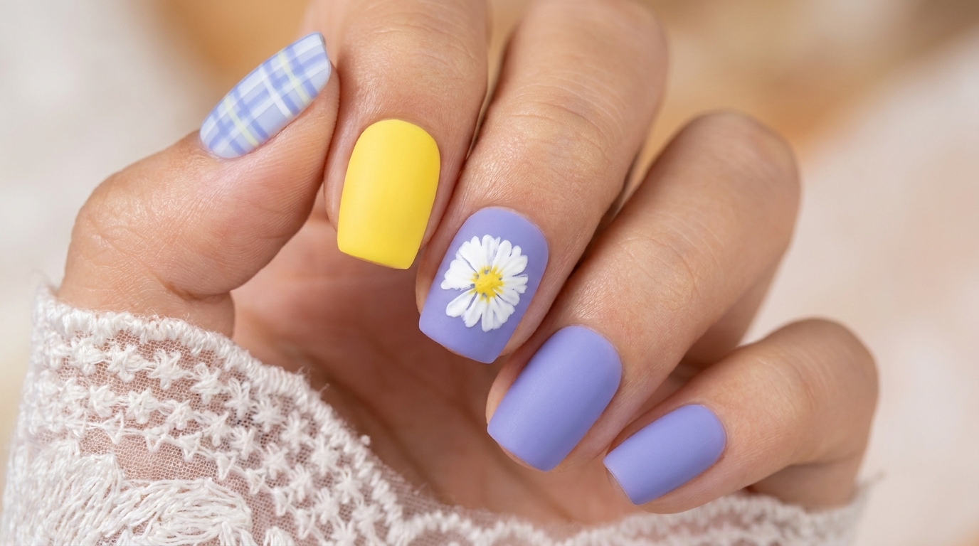 Paznokcie hybrydowe w stokrotki i kratkę — tutorial na letni manicure