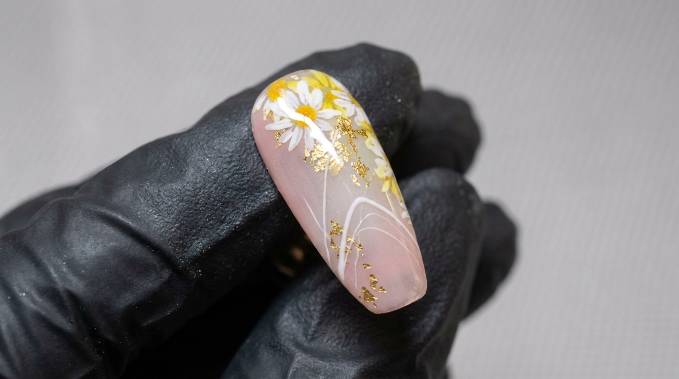 Tutorial na manicure: Pastelowe stokrotki i złota folia