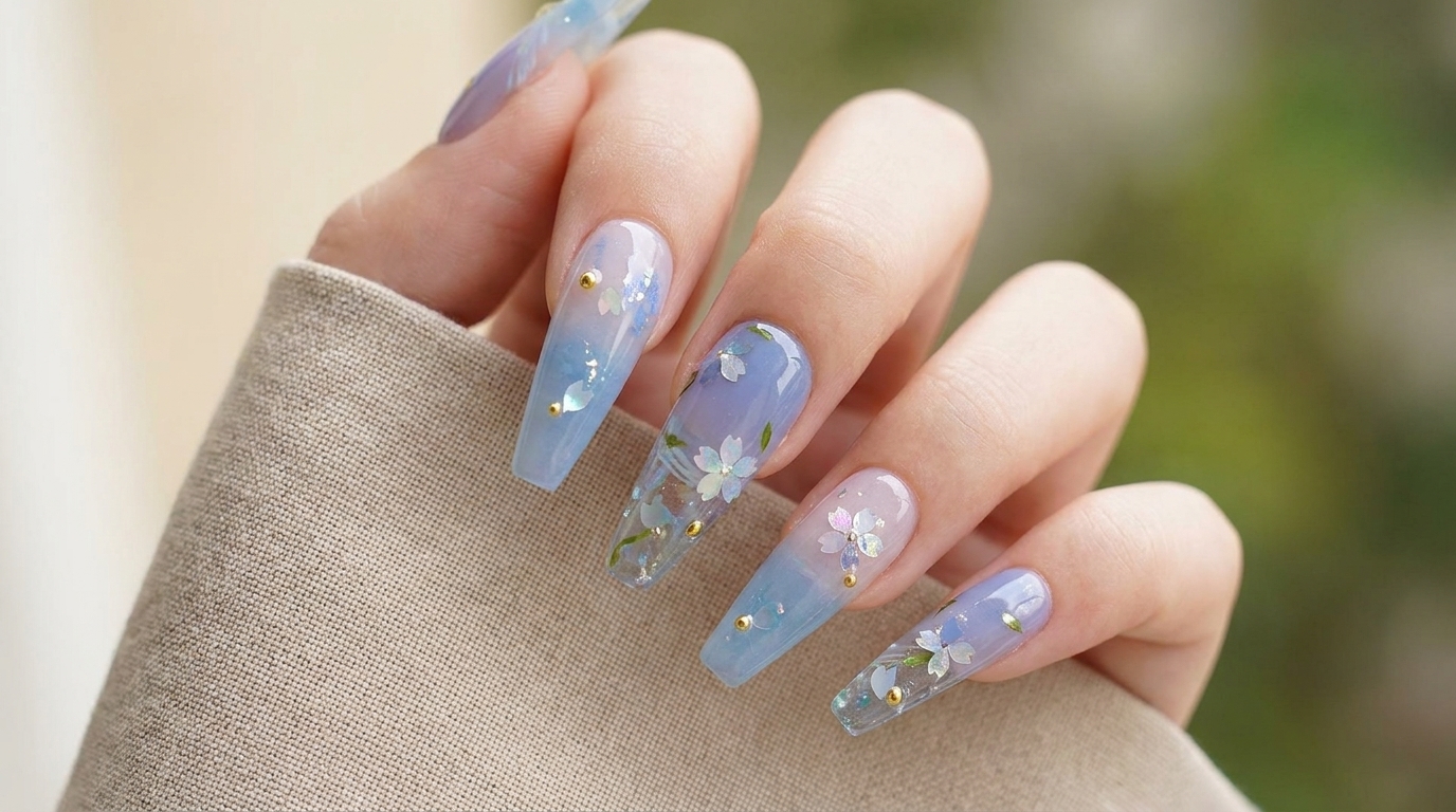 Letnie Niebieskie Paznokcie Ombré z Kwiatami Wiśni — Tutorial Krok po Kroku