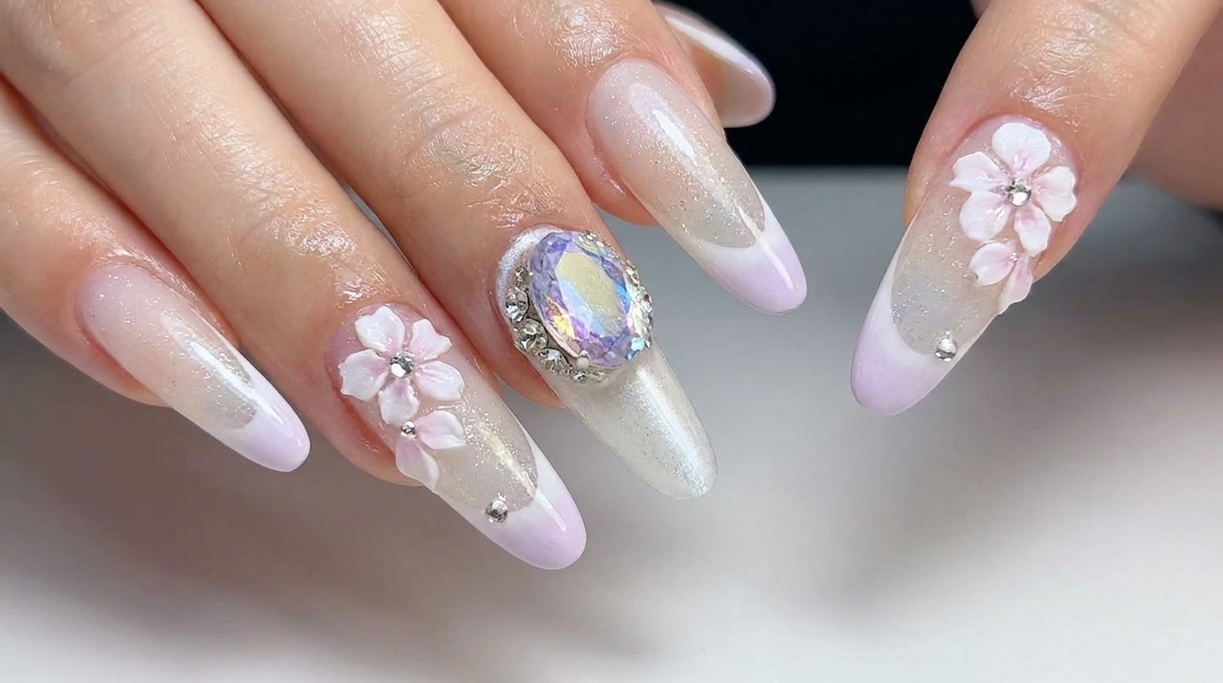 Mleczny fioletowy manicure cat-eye z gradientem i zdobieniem 3D