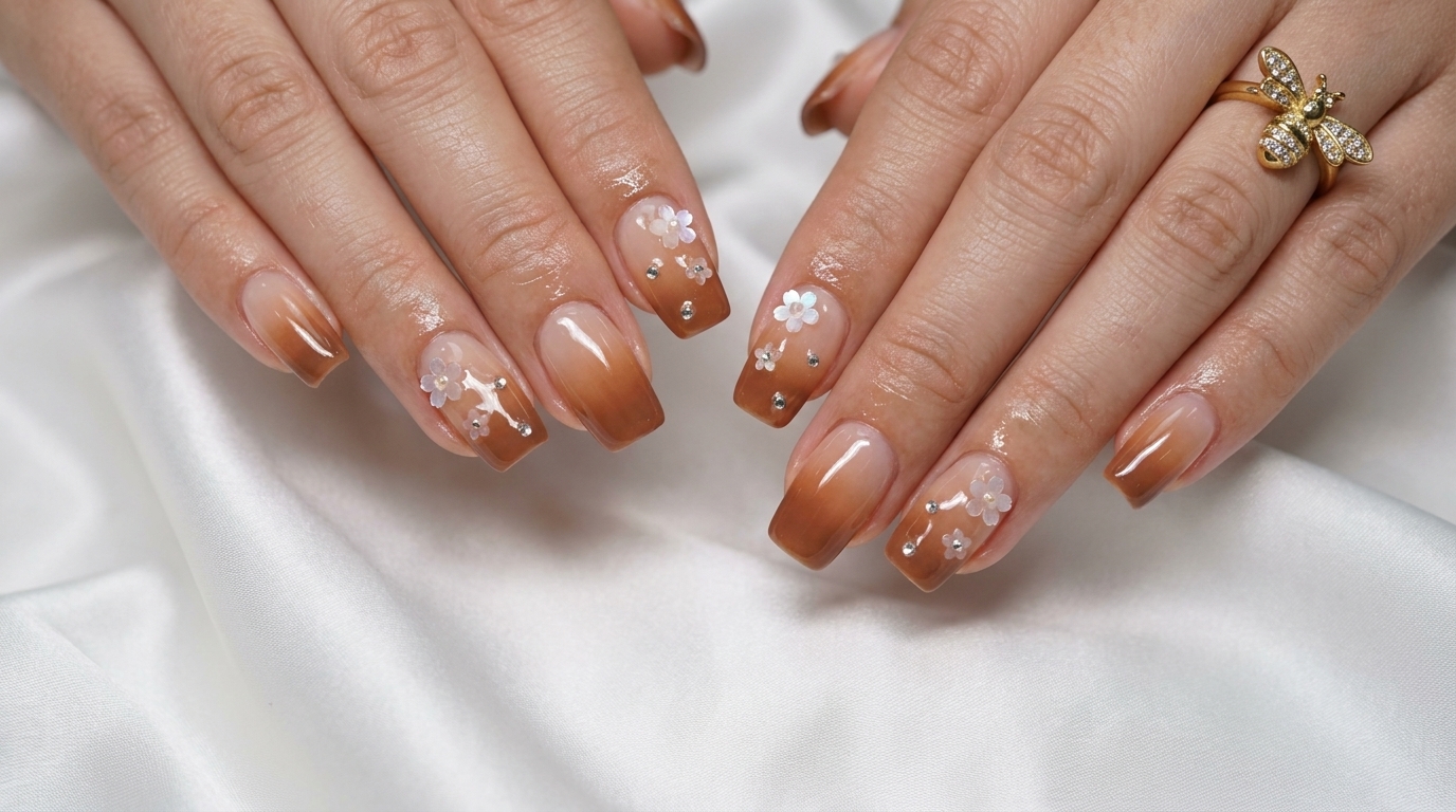 Jesienne paznokcie Milk Tea Gradient z płatkami sakury — Tutorial krok po kroku