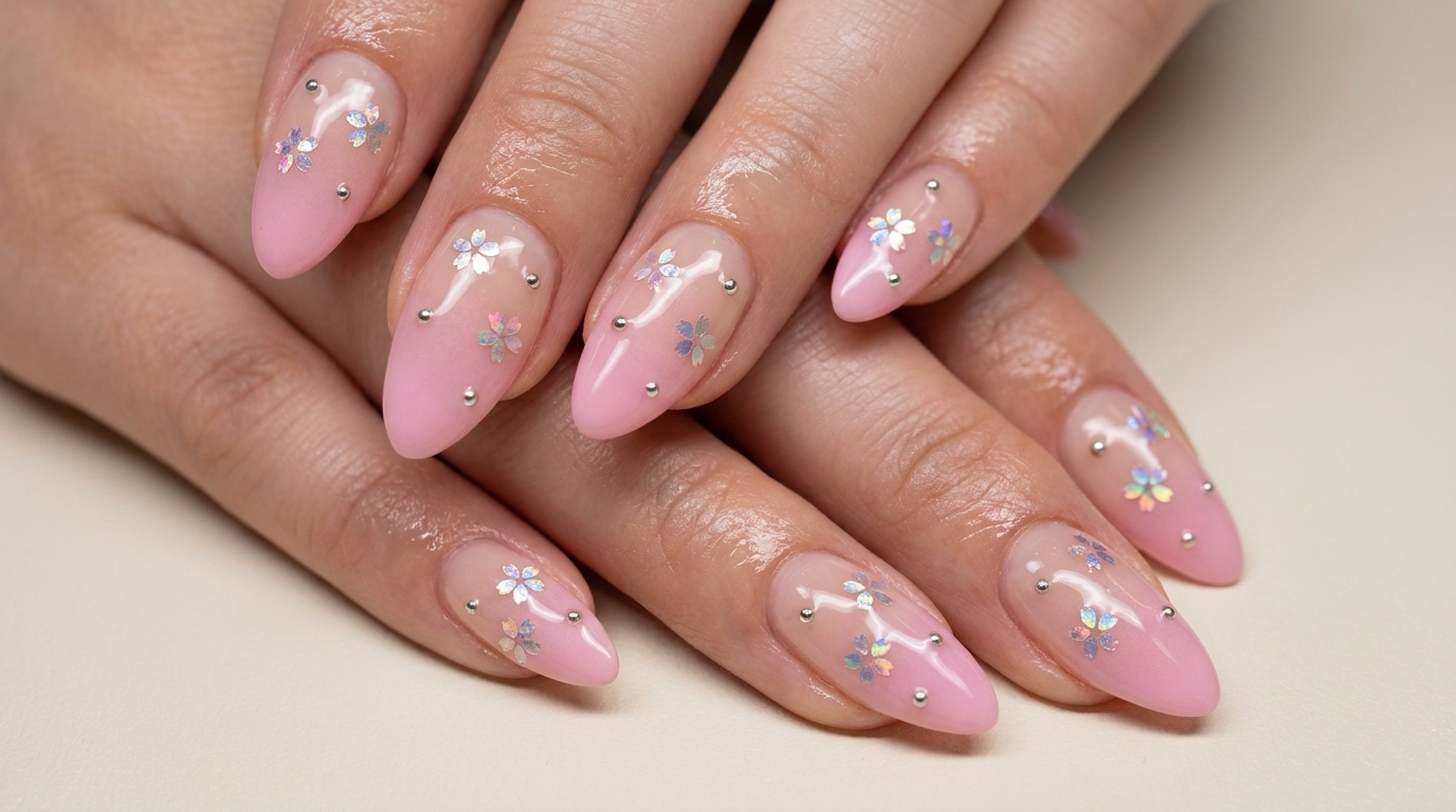Kwiaty wiśni w ombre — delikatny manicure z kwiatowym zdobieniem