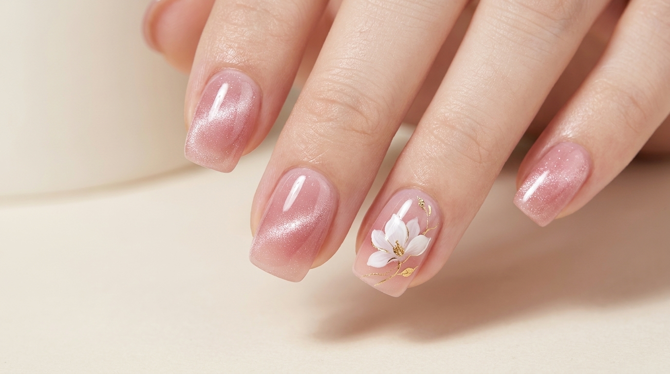 Różowe magnetyczne paznokcie typu Cat-Eye z motywem magnolii — tutorial krok po kroku