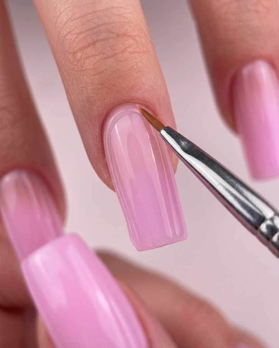Zbliżenie cienkiego pędzelka aplikującego przezroczysty top coat przy linii skórek różowego kwadratowego paznokcia.