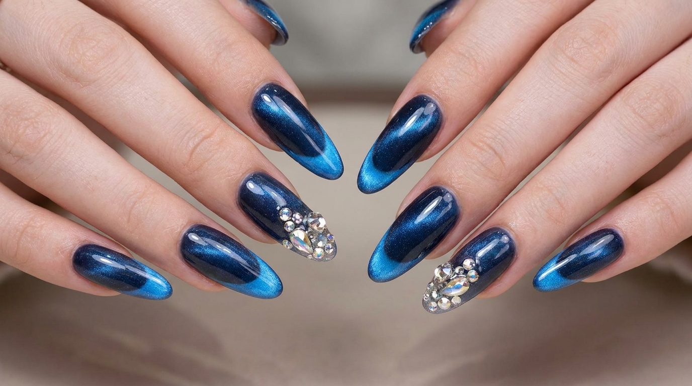 Manicure French 'Cat-Eye' w kolorze Midnight Blue — wyrafinowany tutorial