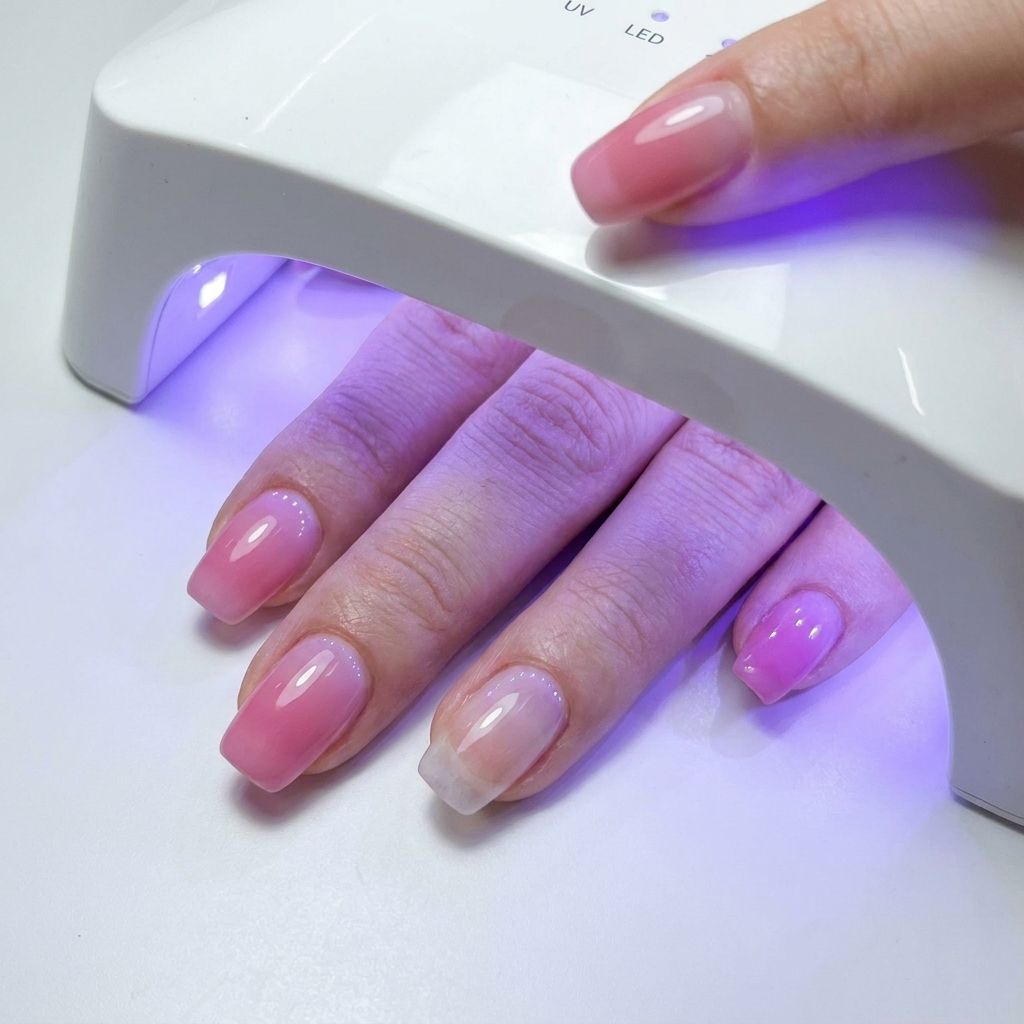 Dłoń z pomalowanymi paznokciami w lampie UV/LED z niebieskim światłem.