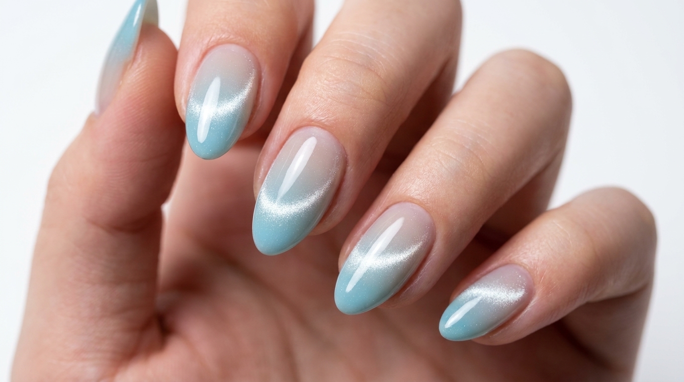 Niebieski manicure z efektem cat-eye — instrukcja krok po kroku