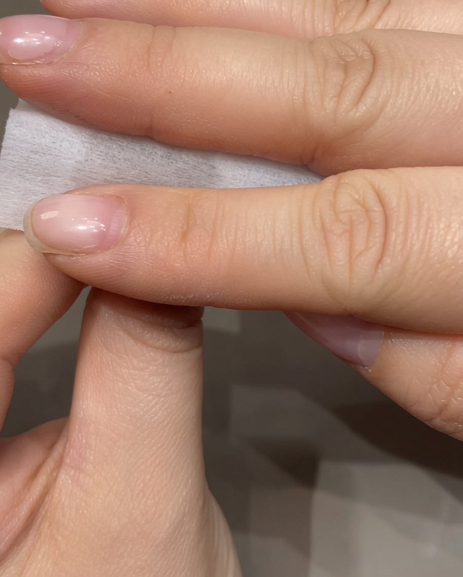 Dłonie trzymające biały wacik bezpyłowy, delikatnie przecierające powierzchnię wypielęgnowanego naturalnego paznokcia w celu usunięcia lepkiej pozostałości żelu.