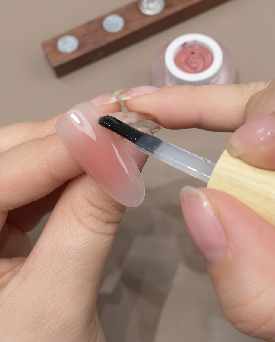 Pędzelek nakładający ostatnią warstwę clear top coat na wykończony paznokieć ombre.